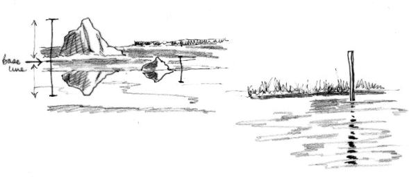 Drawing showing rock and post reflections in water