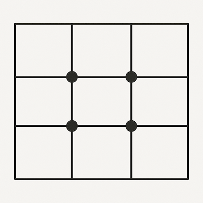 Diagram illustrating the Rule of Thirds grid, showing a rectangle divided into nine equal sections by lines, with the four internal intersection points clearly marked.