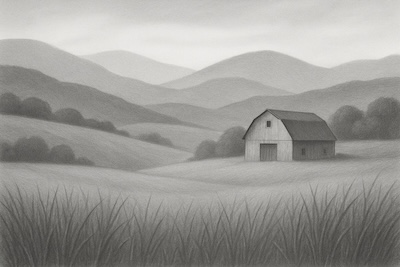Grayscale landscape drawing of a barn nestled in rolling hills with detailed foreground grass, representing a normal detailed view. Grayscale landscape drawing of a barn nestled in rolling hills with detailed foreground grass, representing a normal detailed view.