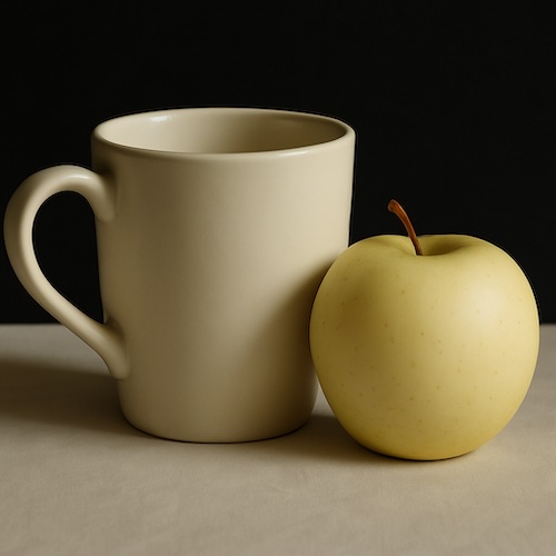 Still life photo demonstrating contrast and colour harmony: a light-coloured mug and yellow-green apple sit on a pale surface, strongly contrasted against a dark background. Still life photo demonstrating contrast and colour harmony: a light-coloured mug and yellow-green apple sit on a pale surface, strongly contrasted against a dark background.