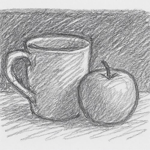 Graphite thumbnail sketch of a mug and apple, illustrating how to simplify a composition into main areas of light, mid-tone, and shadow for value planning Graphite thumbnail sketch of a mug and apple, illustrating how to simplify a composition into main areas of light, mid-tone, and shadow for value planning