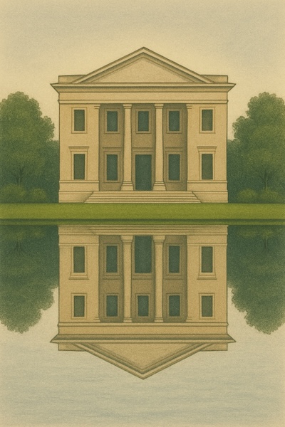 Illustration demonstrating symmetrical balance, where a classical building flanked by trees is perfectly reflected in water below, creating a mirror image.