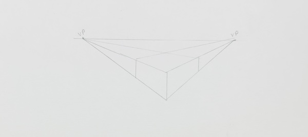 Diagram demonstrating two-point perspective, showing how a box viewed from below the eye level line recedes towards two vanishing points (VP).