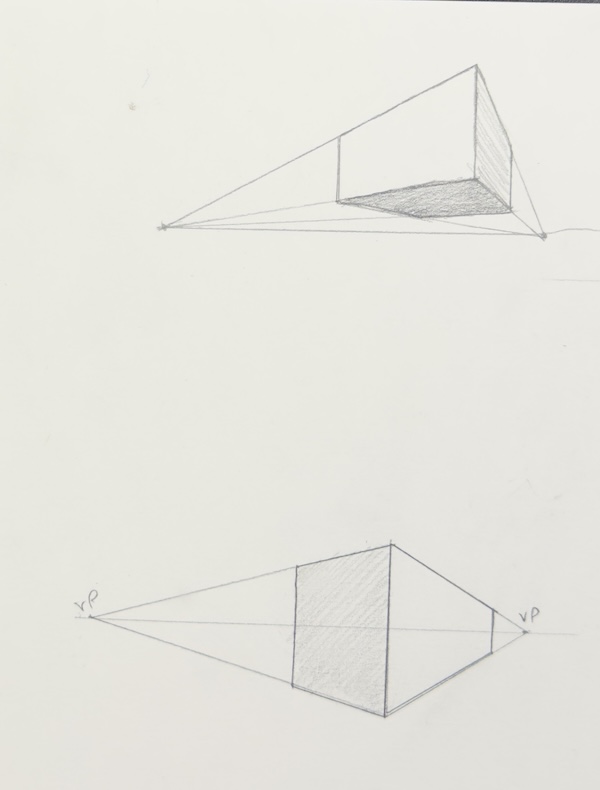 Practice sketches illustrating drawing simple boxes from different viewpoints using basic perspective principles.