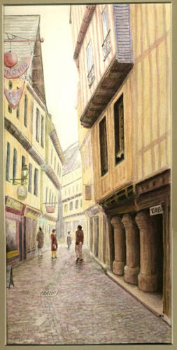 Watercolour pencil town scene artwork demonstrating brush techniques for creating varied tones and textures like cobbles.