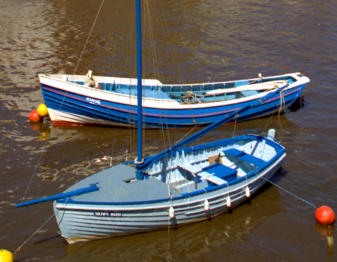 Photograph of two blue and white boats