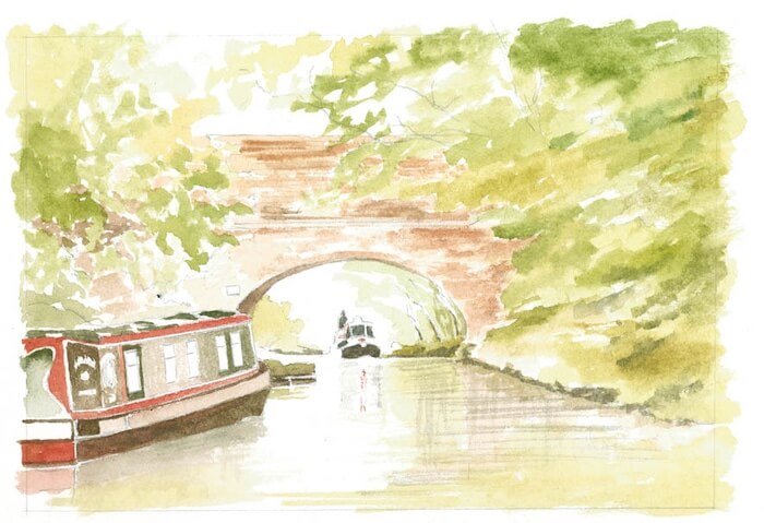 Canal scene first watercolour pencil washes, with the sky, boat whites and water left as bare paper