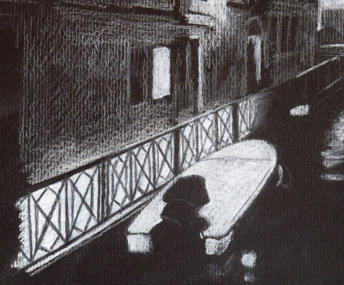 White pastel blocked into the light areas of the Venice scene and blended into the paper grain