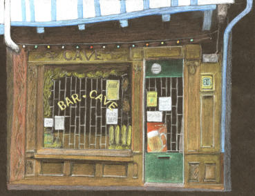 The finished shopfront drawing in coloured pencil on black paper
