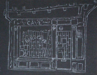 The shopfront outline drawn in white pencil on black paper