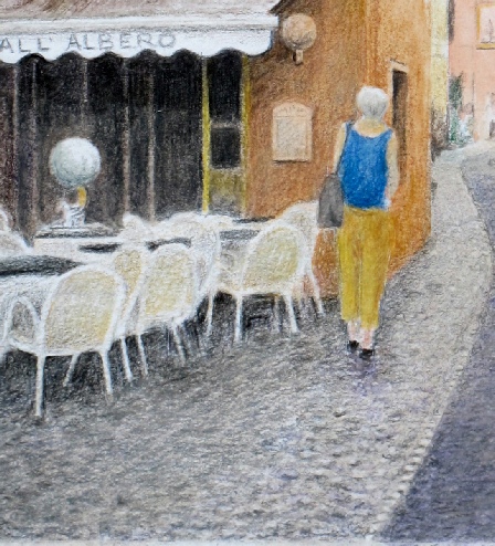 The cafe doorway, chairs, tables and the pedestrian defined with Pablo pencils
