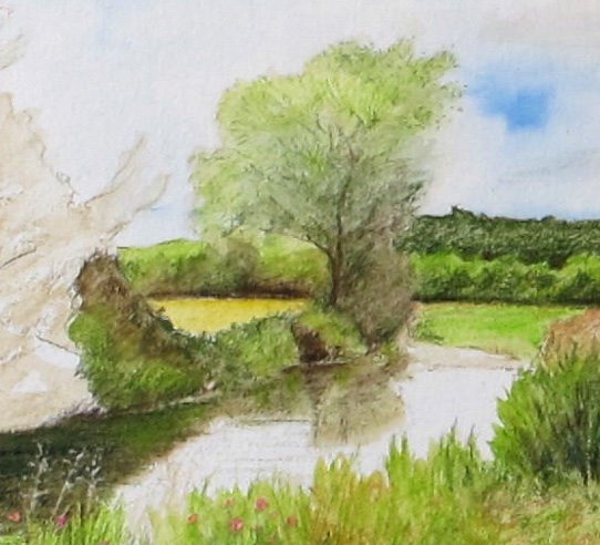 Detail of the centre of the canal painting with the central tree and water reflection