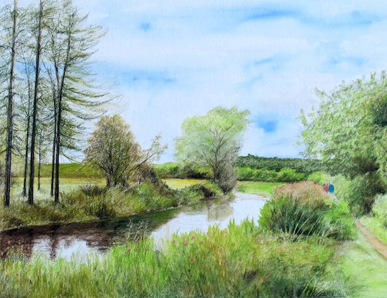 Shadows added to the left side pine trees and grass of the canal painting