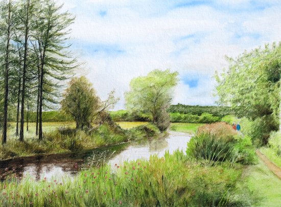 Finishing touches with scratched-out flowers and final shadows on the canal painting