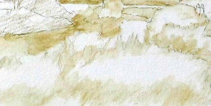 Close-up of the first watercolor pencil wash on the canal scene