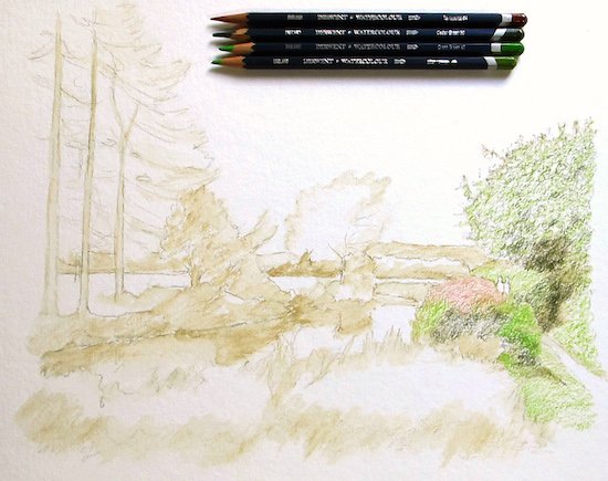Dry watercolor pencil scribbled into the foliage areas of the canal scene