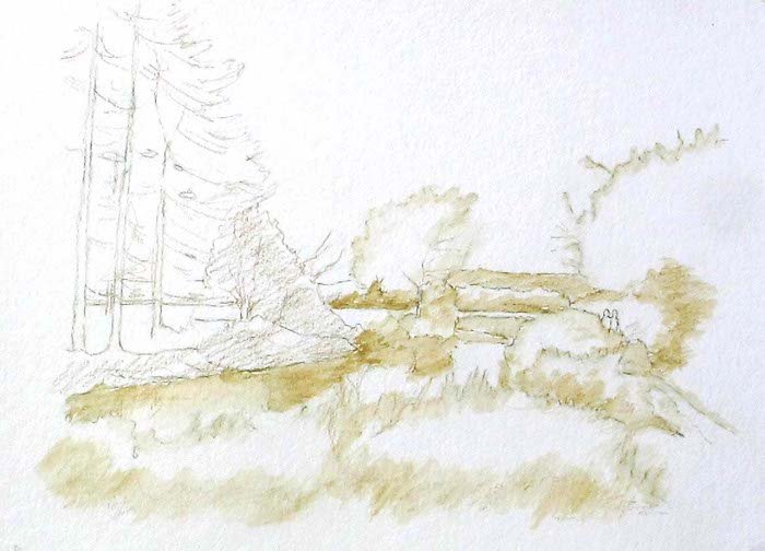 The base drawing of the canal scene with the first watercolor pencil wash applied