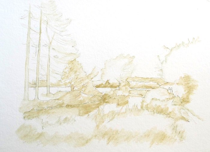 The base drawing of the canal scene in place with washes