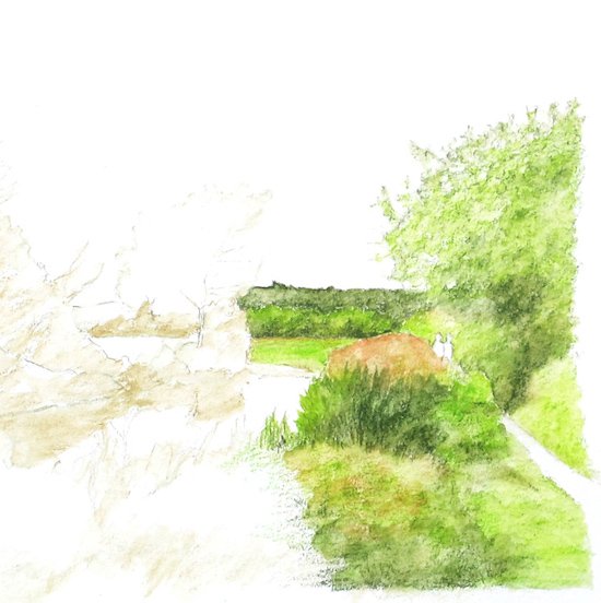 Continuing the watercolor pencil work on the right hand side of the canal scene