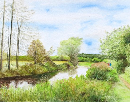 The pine trees softened with a damp brush