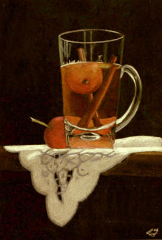 Crabapple Tea, a still life drawn in coloured pencil on black Stonehenge paper