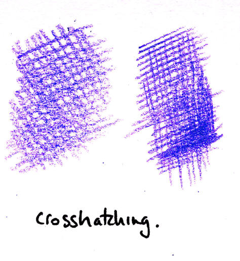 Cross-hatching using a single coloured pencil, showing how a second layer of strokes deepens tone