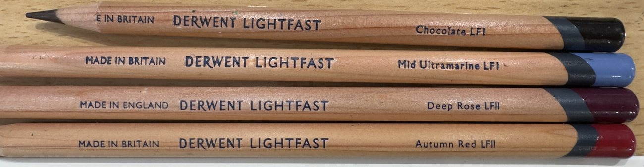 Derwent Lightfast pencils marked LFI and LFII after each colour name on the barrel