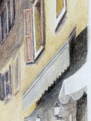 The scalloped blind above the bottom-right doorway, levelled and shaded