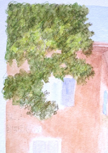 Dry watercolour pencil applied in loose scribbled strokes for tree foliage