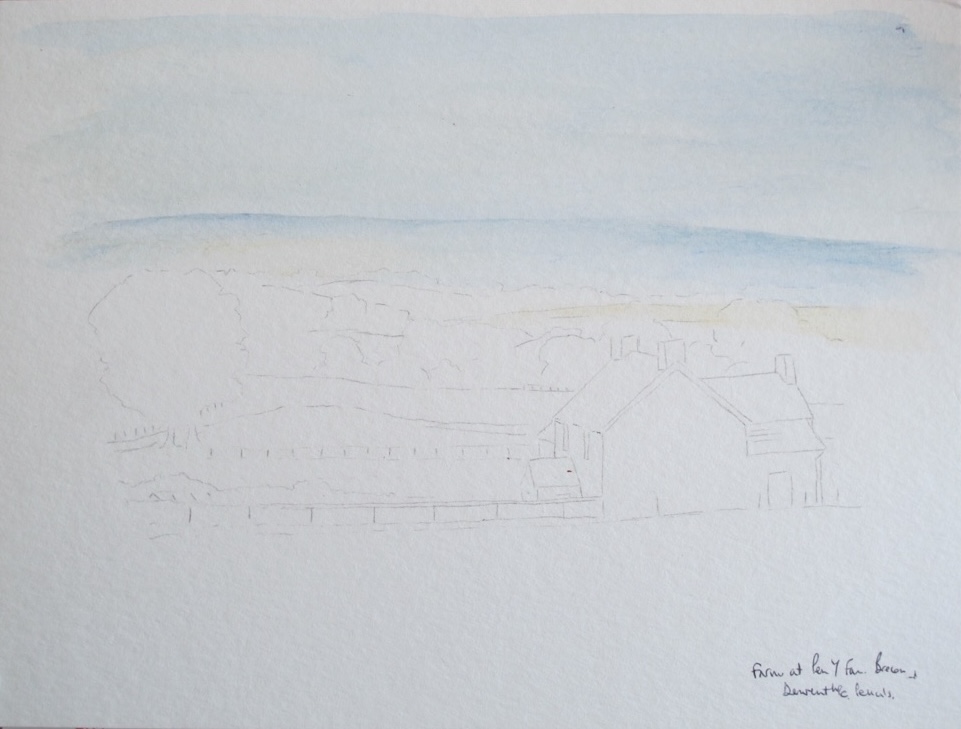 The sky laid first in watercolour pencil over a faint drawing of the Pen y Fan farm scene