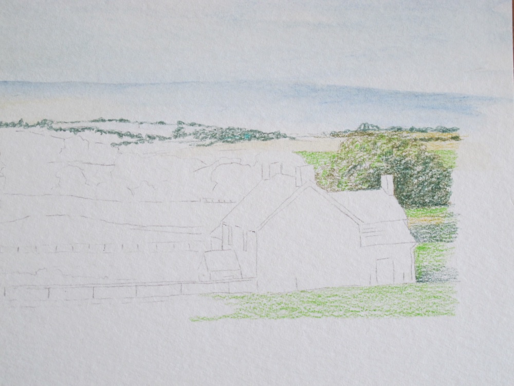 Dry watercolour pencil trees scribbled along the horizon of the Pen y Fan farm scene
