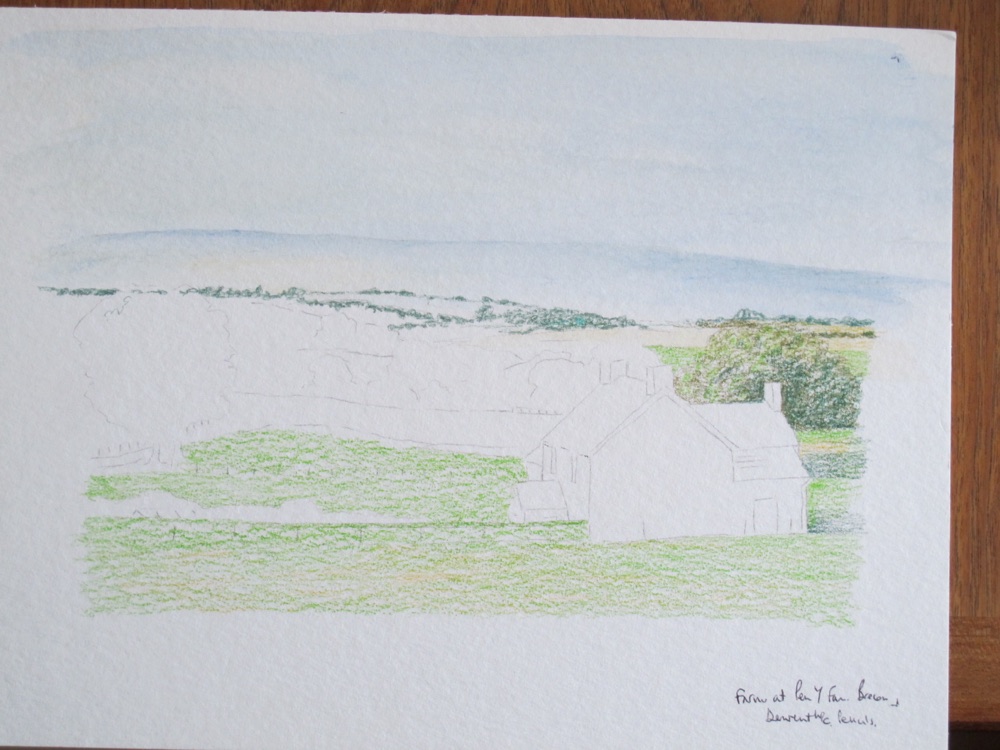 Light green and gold dry colour scribbled into the foreground fields of the farm scene