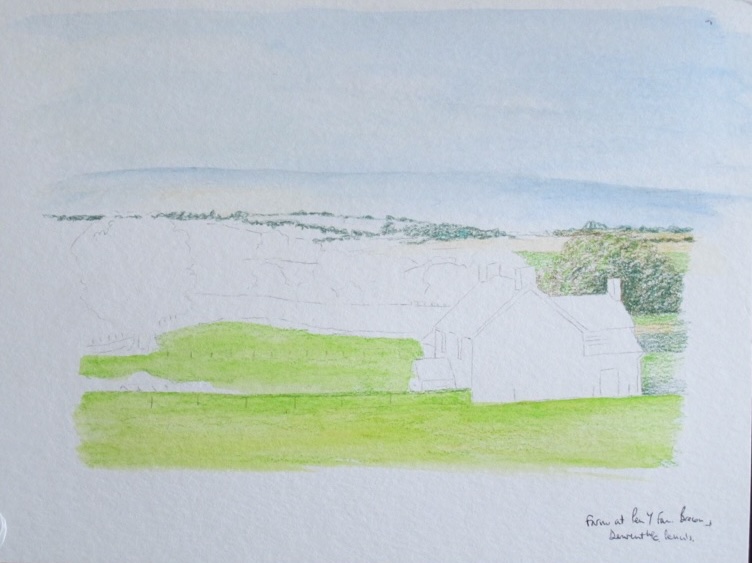 The farm fields washed in, the watercolour pencil greens coming up very bright