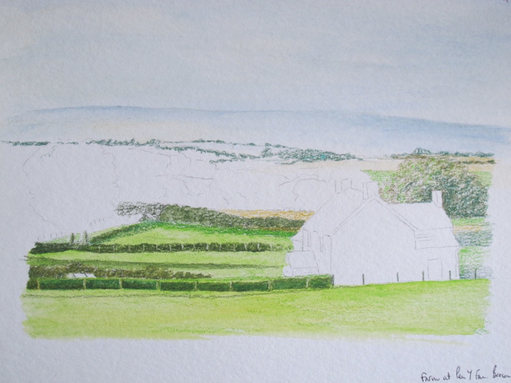 The middle hedge built with circular strokes for dappled light in the farm landscape