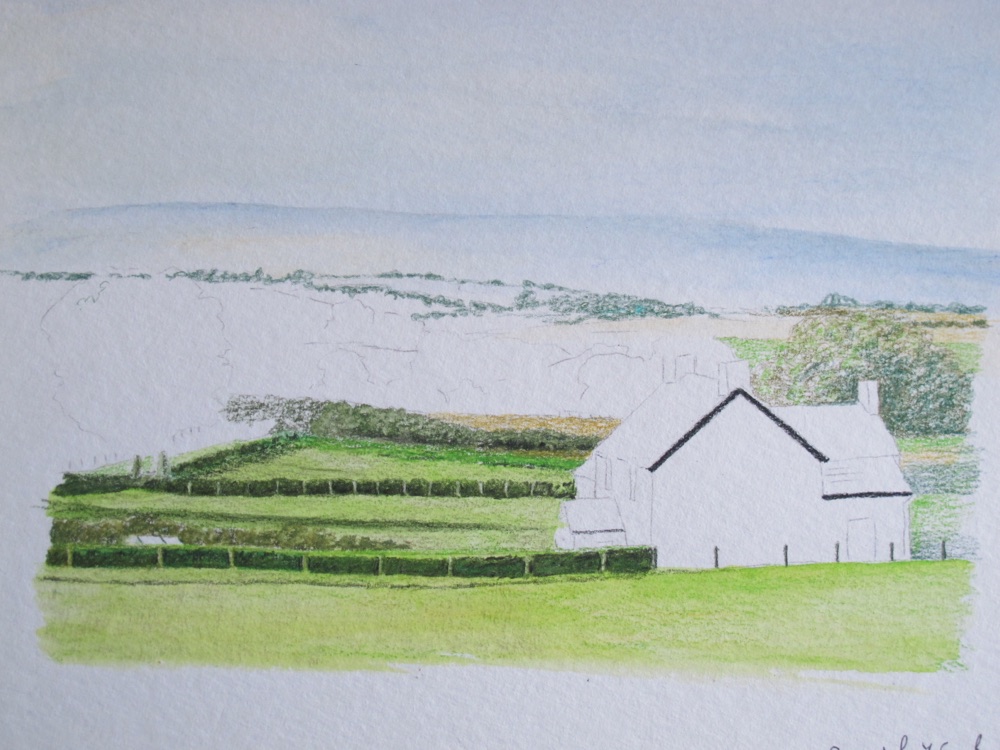 The farm landscape with greens cooled and darks deepened so the white farmhouse stands out