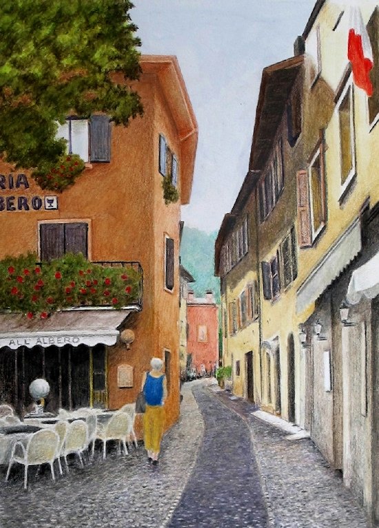 A bright Italian street scene in Caran d'Ache watercolour pencils