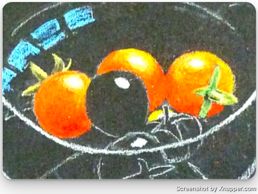 Close detail of the part-built tomatoes, showing the white highlights that make them look round and shiny