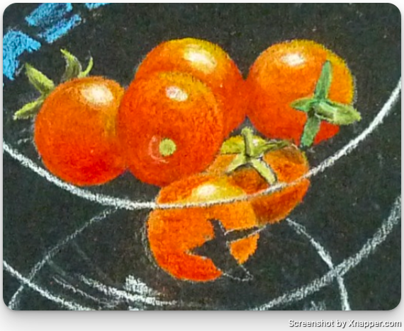 Close detail of the finished cluster of tomatoes, every highlight crisp