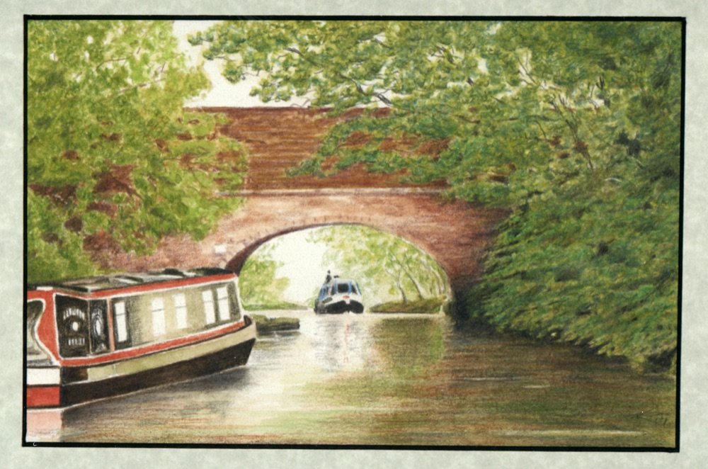 A narrowboat scene on the Grand Union Canal in watercolour and dry coloured pencil
