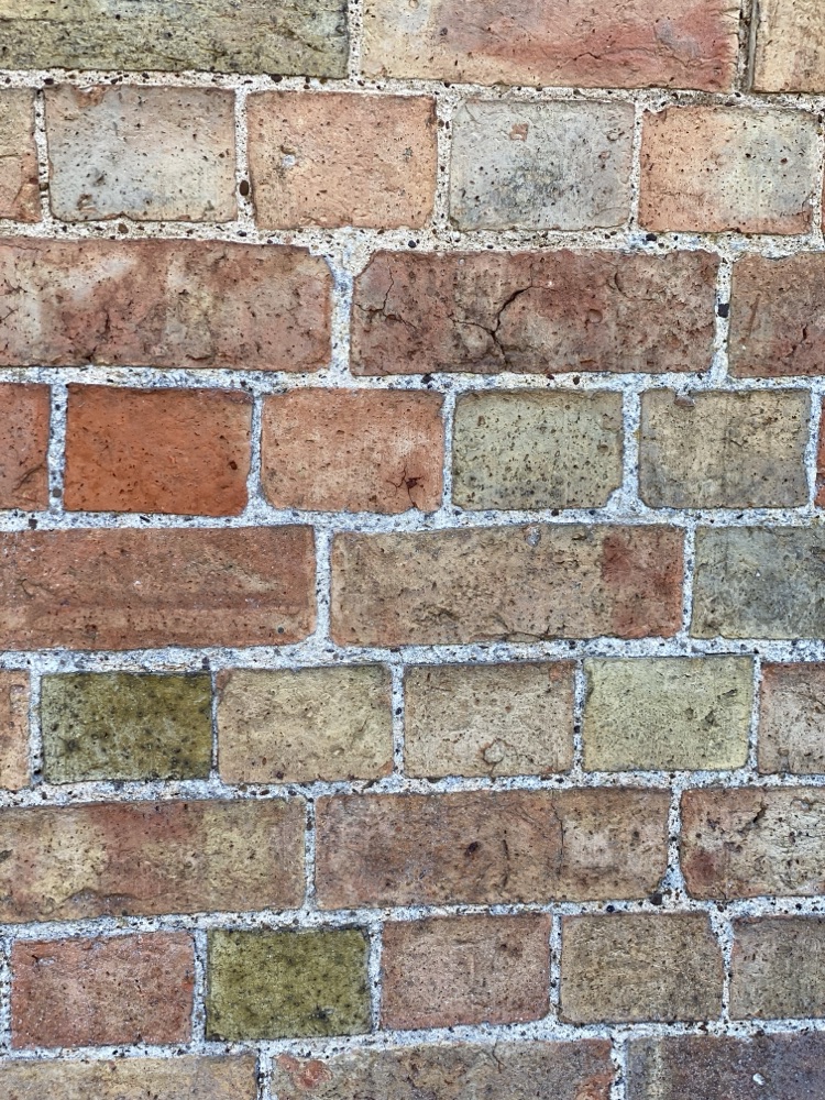Red, buff and green bricks in one wall separated by pale mortar, showing brick colour variation