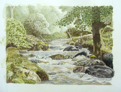 Daryl's drawing after Peter's critique, with darker foreground water and stronger rocks along the stream