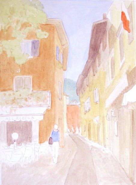 Initial watercolour pencil washes establishing the tints and contrasts of the street scene
