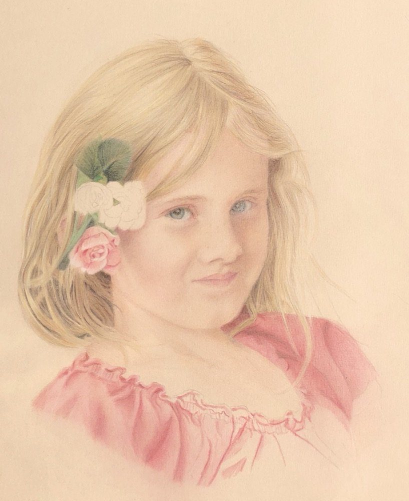 Unfinished coloured pencil portrait of a young girl with roses in her blonde hair, on cream Stonehenge paper