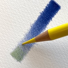 Yellow coloured pencil layering over a blue base to demonstrate creating a green colour through optical mixing.