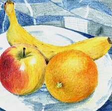 Coloured pencil drawing of a bowl filled with various types of fruit.