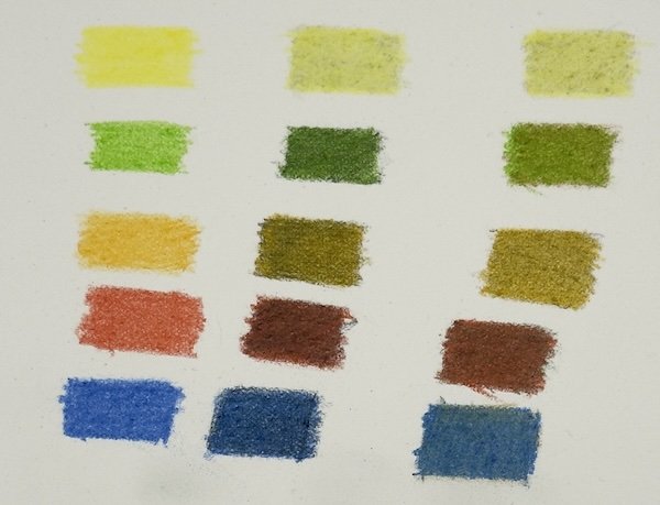 Comparison chart showing coloured pencil shadow colours