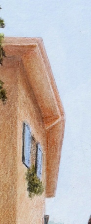 The overhanging roof and wall corner defined with a sharp Pablo point
