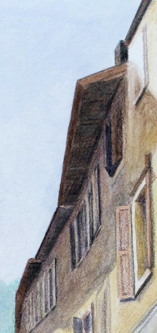 The top centre and right-hand roof line, shutters and windows in crisp Pablo detail