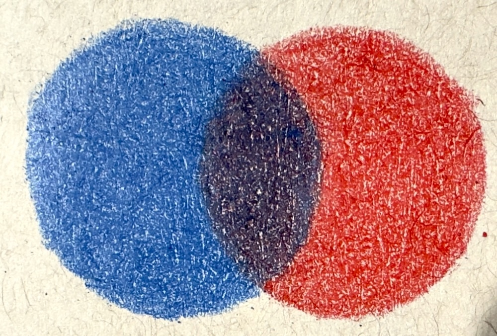 A layering test with Scarlet and Phthalo Blue Green Royal Talens Van Gogh pencils on toned tan paper, rich circles overlapping to a deep purple
