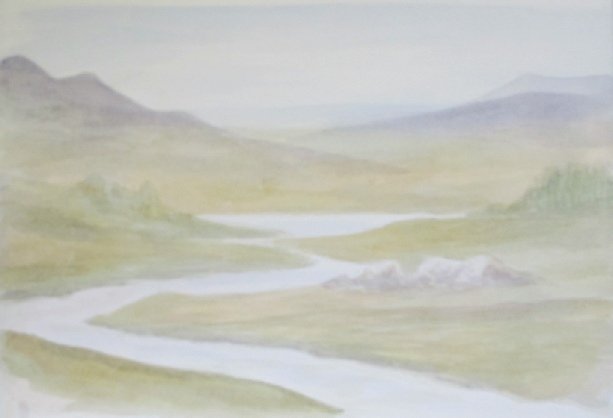 Scottish hillside watercolour pencil study with defined mountains, hills and warmer foreground